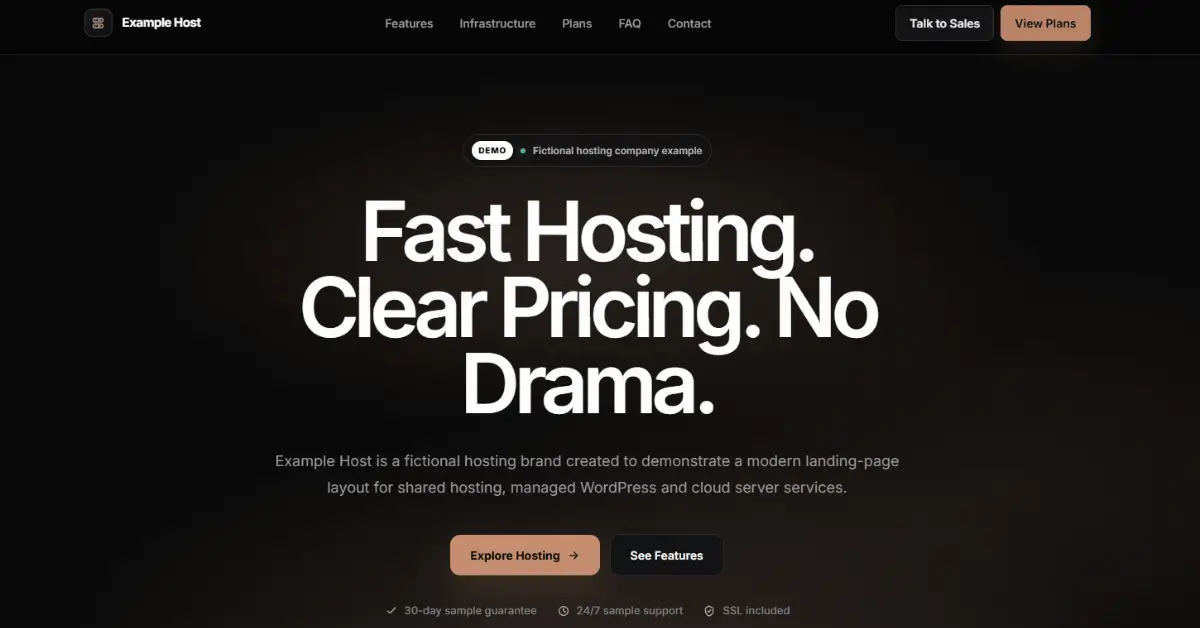 Hosting landing page design example